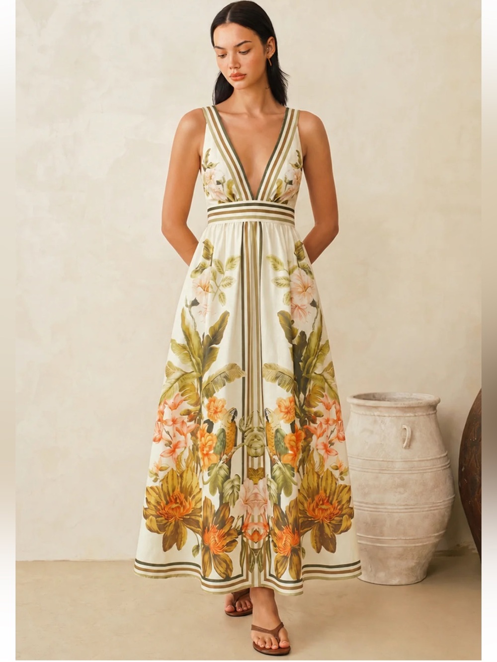Commense Tropical Floral Print Deep V-Neck Maxi Dress Size Medium NWT